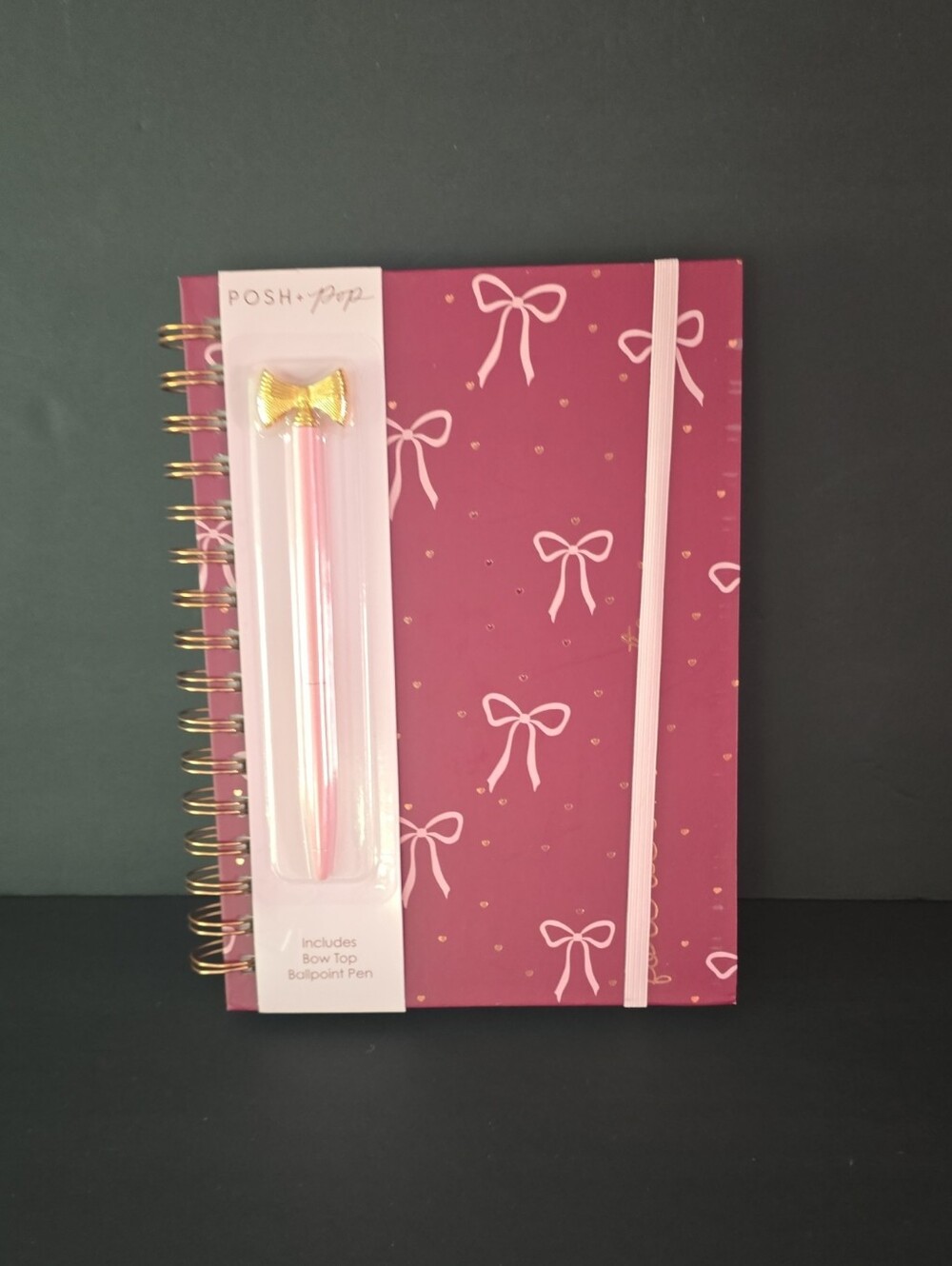 Pink Bow Spiral Notebook with Gold Bow Pen